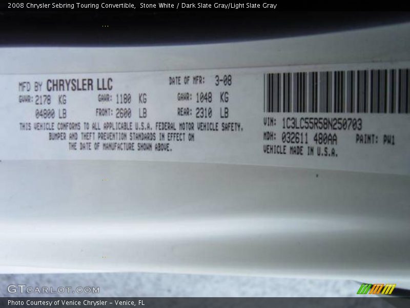 Stone White / Dark Slate Gray/Light Slate Gray 2008 Chrysler Sebring Touring Convertible