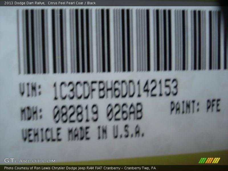 2013 Dart Rallye Citrus Peel Pearl Coat Color Code PFE