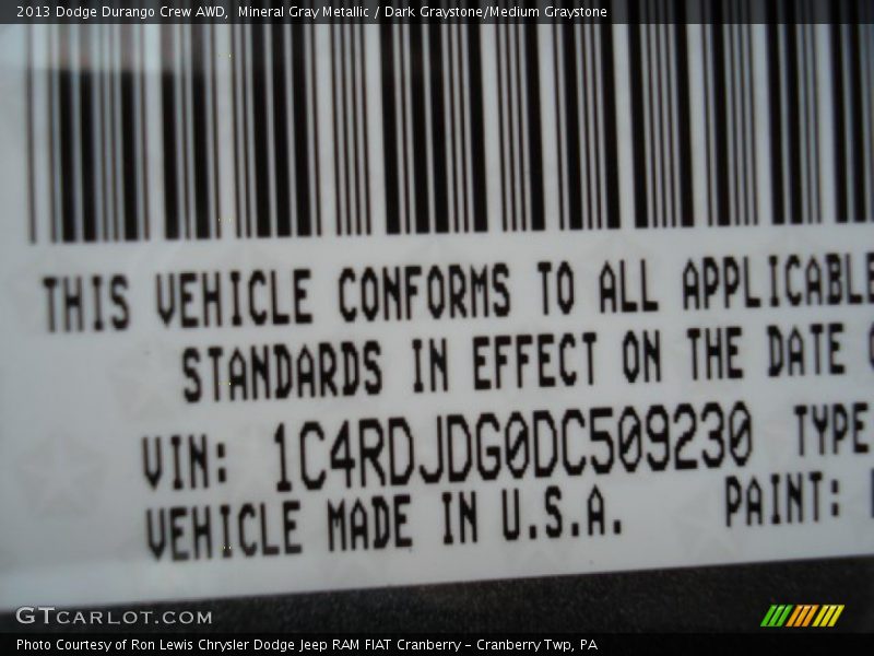 Mineral Gray Metallic / Dark Graystone/Medium Graystone 2013 Dodge Durango Crew AWD