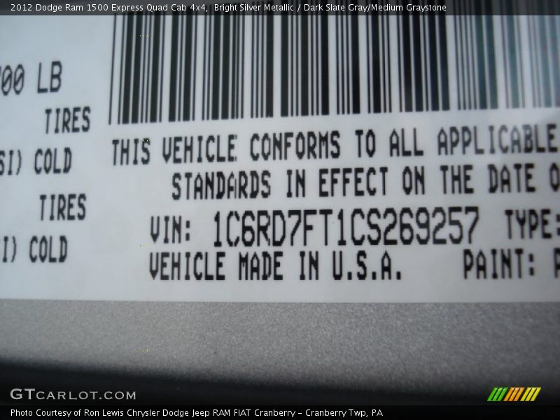 Bright Silver Metallic / Dark Slate Gray/Medium Graystone 2012 Dodge Ram 1500 Express Quad Cab 4x4