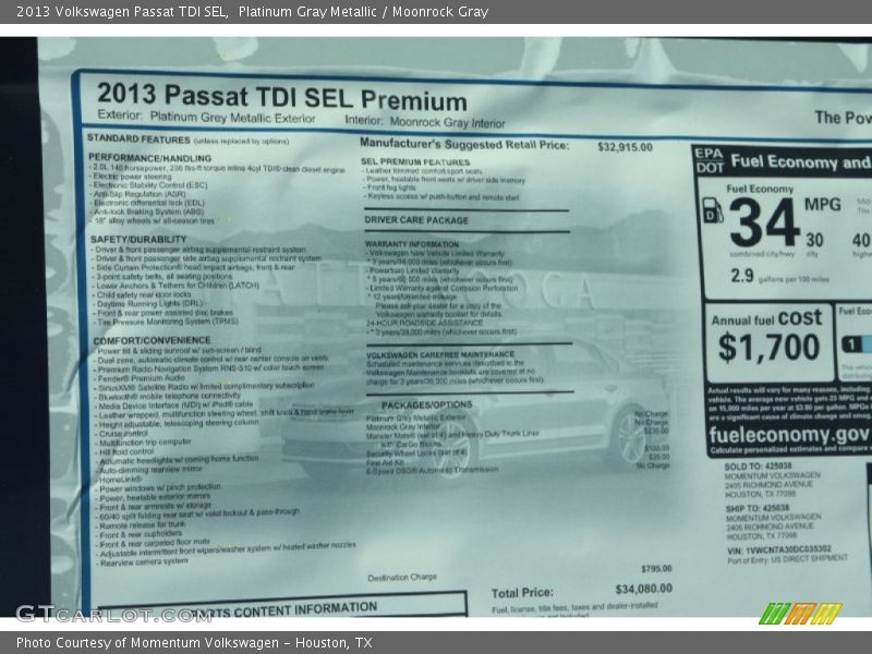 Platinum Gray Metallic / Moonrock Gray 2013 Volkswagen Passat TDI SEL