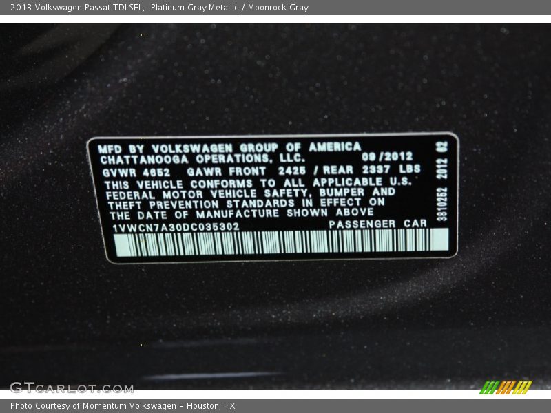 Platinum Gray Metallic / Moonrock Gray 2013 Volkswagen Passat TDI SEL