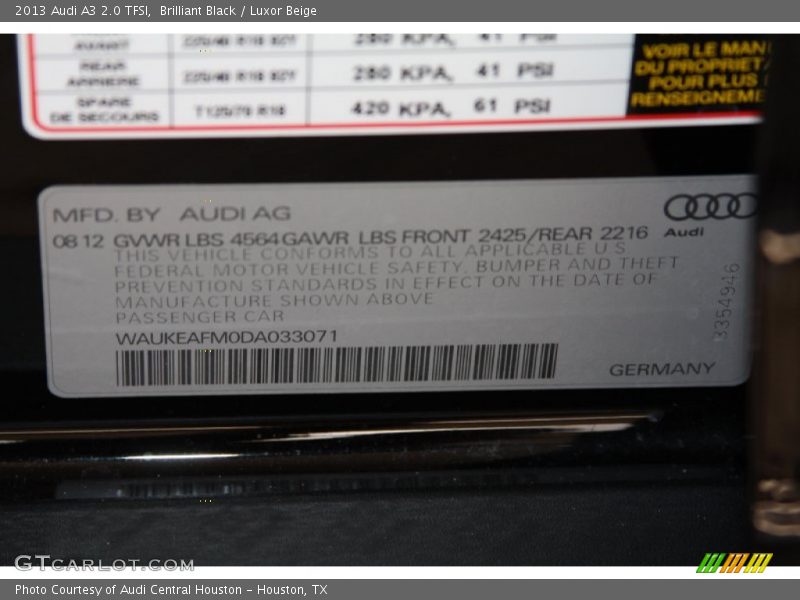 Brilliant Black / Luxor Beige 2013 Audi A3 2.0 TFSI