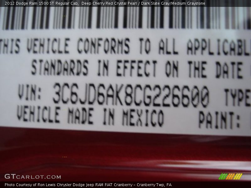 Deep Cherry Red Crystal Pearl / Dark Slate Gray/Medium Graystone 2012 Dodge Ram 1500 ST Regular Cab