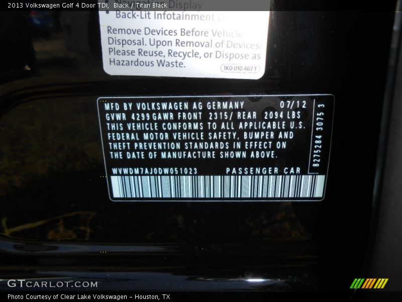 Black / Titan Black 2013 Volkswagen Golf 4 Door TDI
