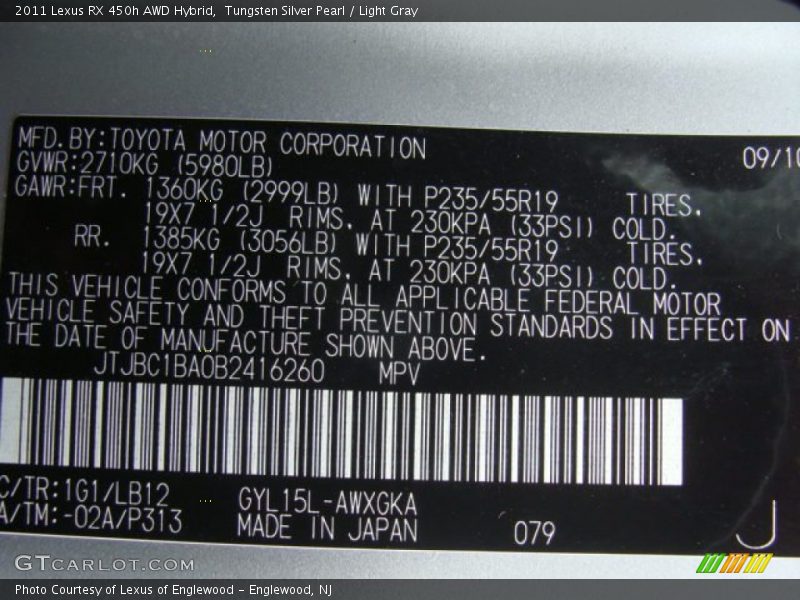Tungsten Silver Pearl / Light Gray 2011 Lexus RX 450h AWD Hybrid