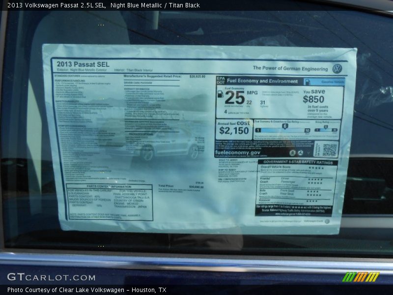 Night Blue Metallic / Titan Black 2013 Volkswagen Passat 2.5L SEL