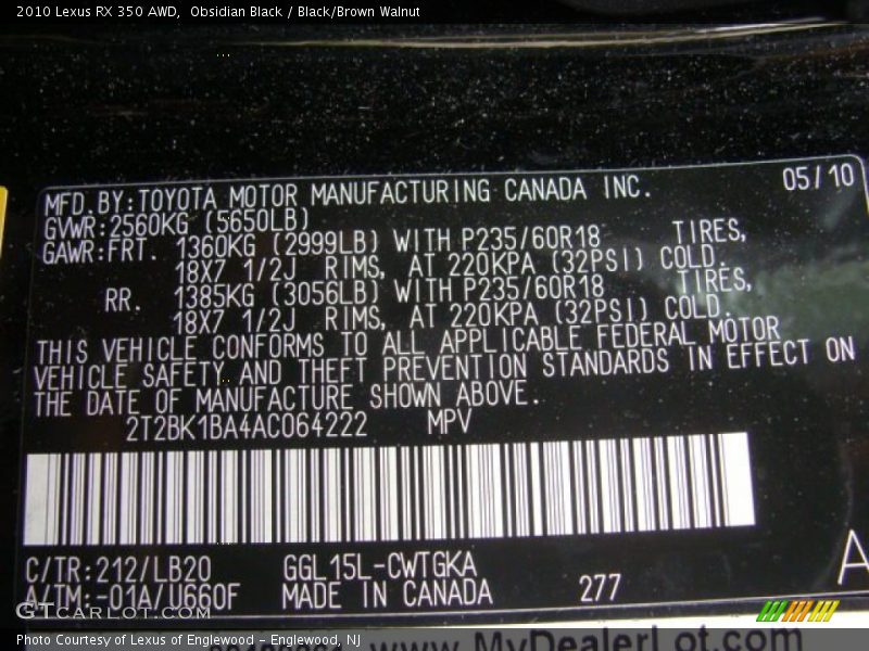 Obsidian Black / Black/Brown Walnut 2010 Lexus RX 350 AWD