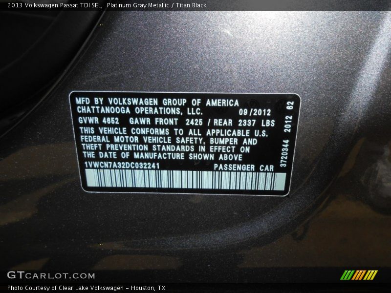 Platinum Gray Metallic / Titan Black 2013 Volkswagen Passat TDI SEL