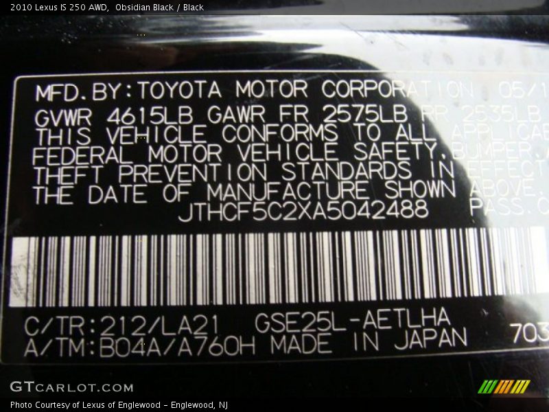 Obsidian Black / Black 2010 Lexus IS 250 AWD