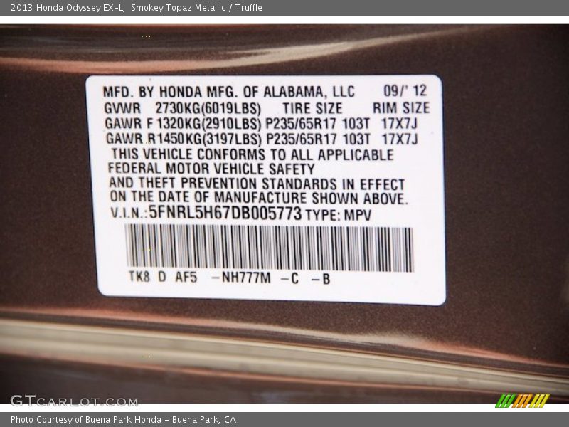 2013 Odyssey EX-L Smokey Topaz Metallic Color Code NH777M