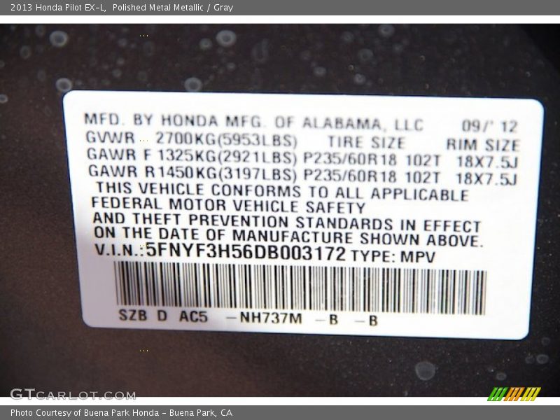 Polished Metal Metallic / Gray 2013 Honda Pilot EX-L