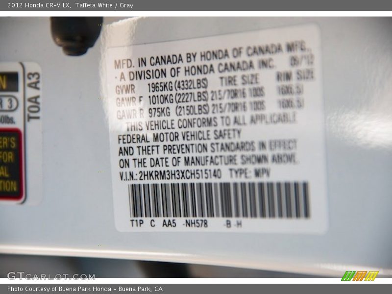 Taffeta White / Gray 2012 Honda CR-V LX