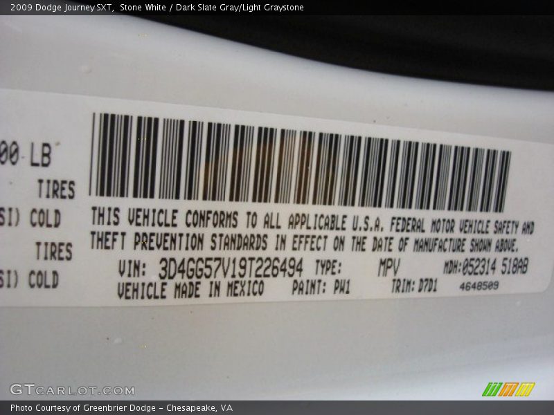Stone White / Dark Slate Gray/Light Graystone 2009 Dodge Journey SXT