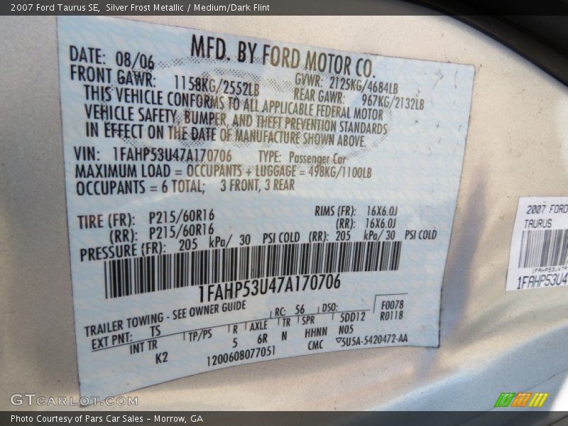 Silver Frost Metallic / Medium/Dark Flint 2007 Ford Taurus SE