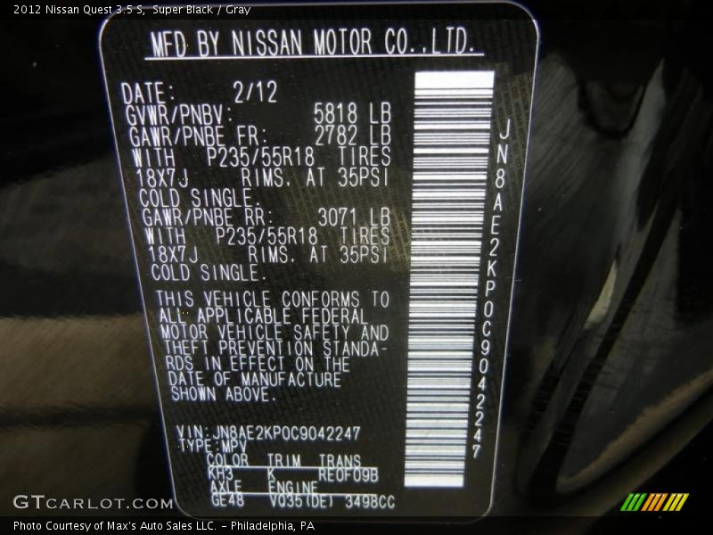 Super Black / Gray 2012 Nissan Quest 3.5 S