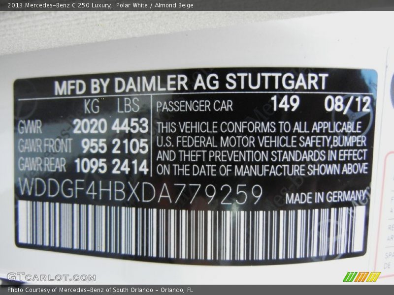 Polar White / Almond Beige 2013 Mercedes-Benz C 250 Luxury