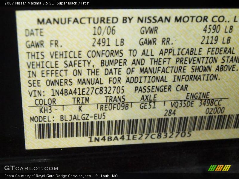 Super Black / Frost 2007 Nissan Maxima 3.5 SE