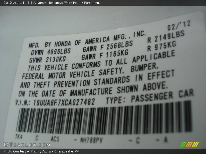Bellanova White Pearl / Parchment 2012 Acura TL 3.5 Advance