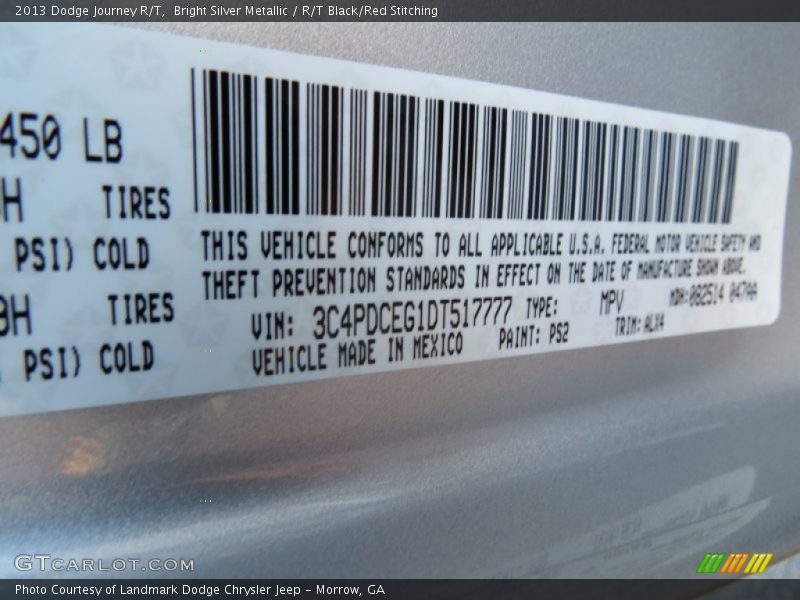 2013 Journey R/T Bright Silver Metallic Color Code PS2