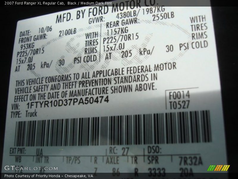 Black / Medium Dark Flint 2007 Ford Ranger XL Regular Cab