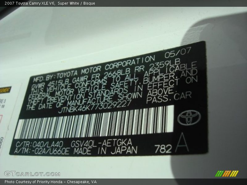 2007 Camry XLE V6 Super White Color Code 040