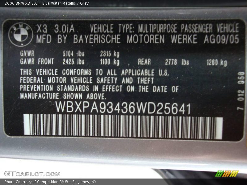 Blue Water Metallic / Grey 2006 BMW X3 3.0i