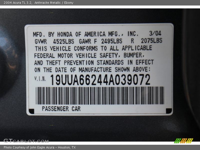 Anthracite Metallic / Ebony 2004 Acura TL 3.2