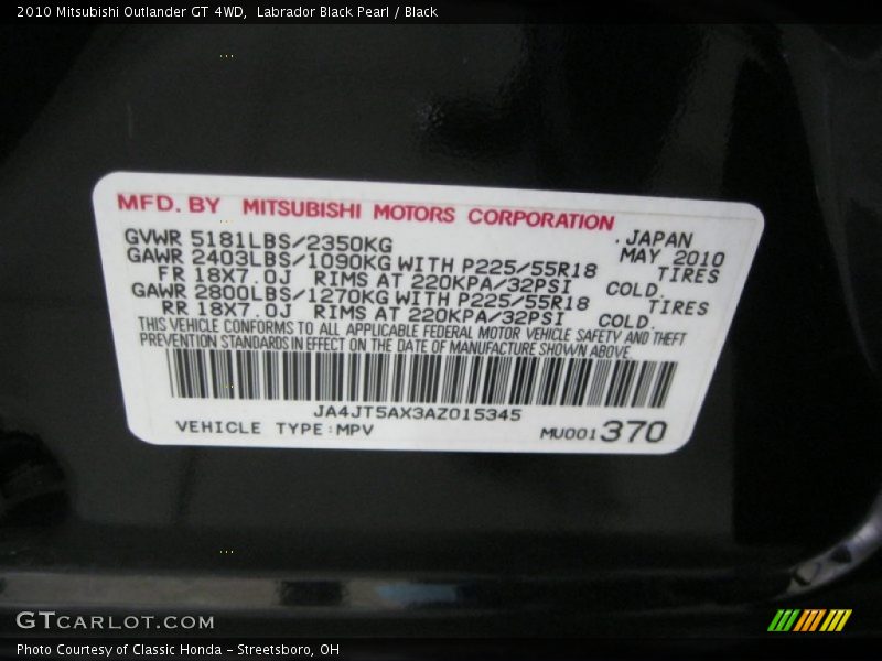 Labrador Black Pearl / Black 2010 Mitsubishi Outlander GT 4WD