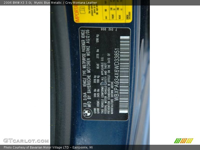 Mystic Blue Metallic / Grey Montana Leather 2006 BMW X3 3.0i