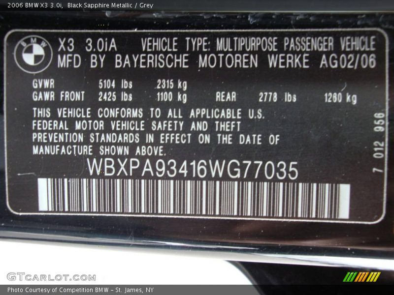 Black Sapphire Metallic / Grey 2006 BMW X3 3.0i