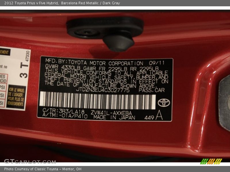 2012 Prius v Five Hybrid Barcelona Red Metallic Color Code 3R3