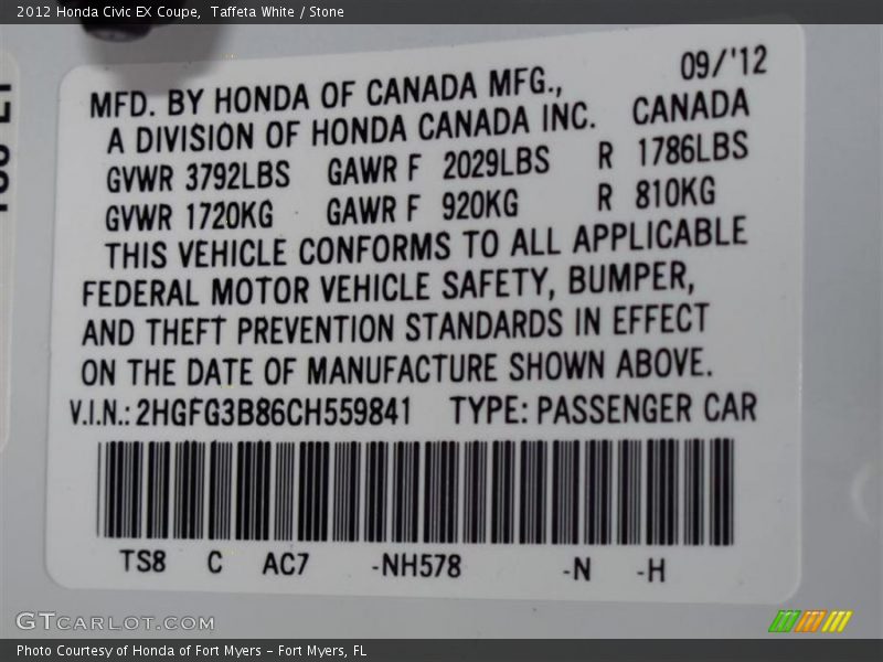 Taffeta White / Stone 2012 Honda Civic EX Coupe