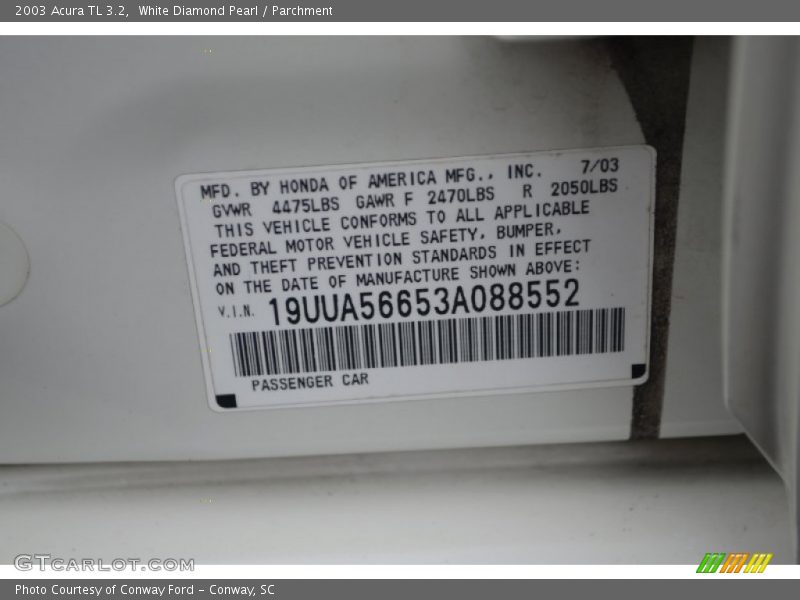 White Diamond Pearl / Parchment 2003 Acura TL 3.2