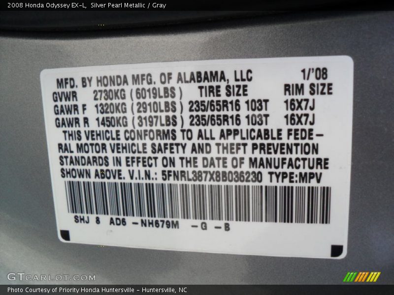 Silver Pearl Metallic / Gray 2008 Honda Odyssey EX-L