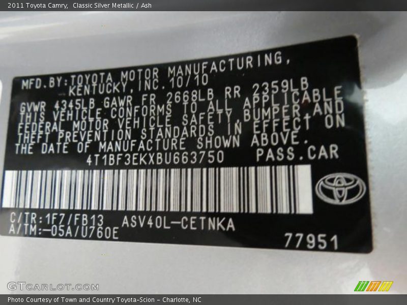 Classic Silver Metallic / Ash 2011 Toyota Camry