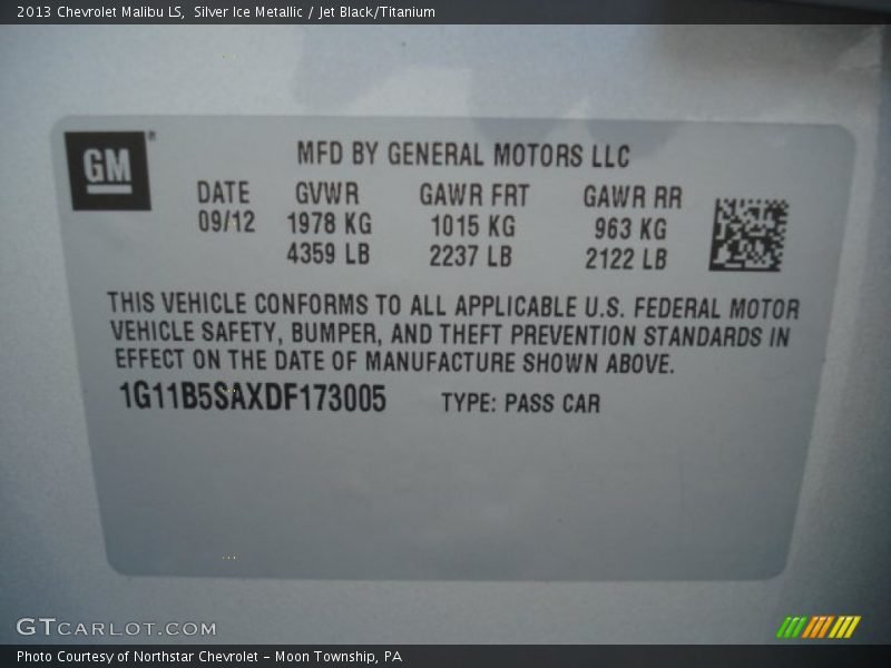 Silver Ice Metallic / Jet Black/Titanium 2013 Chevrolet Malibu LS