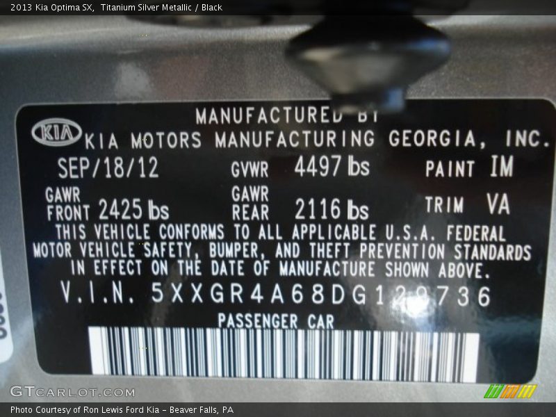 2013 Optima SX Titanium Silver Metallic Color Code IM
