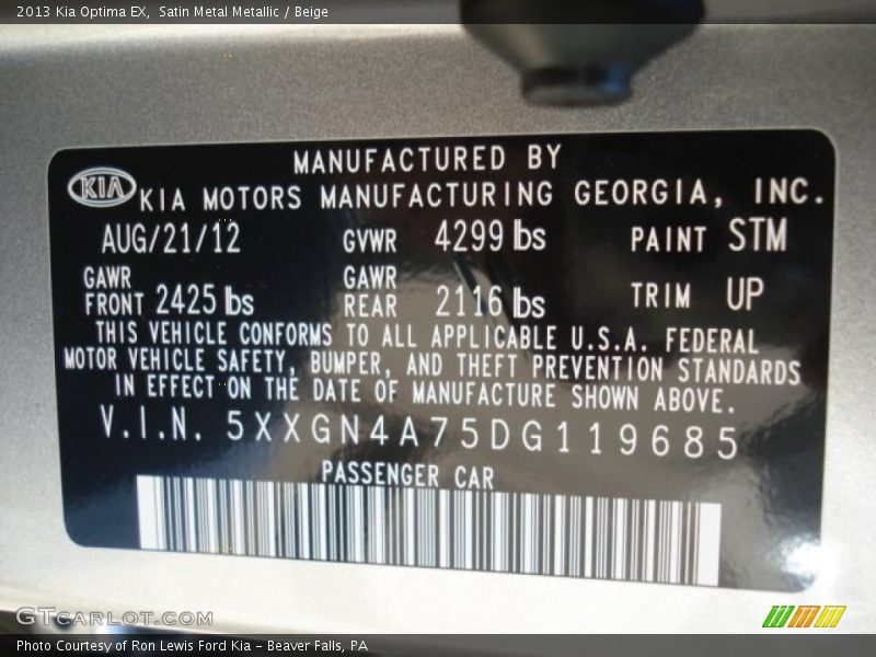 2013 Optima EX Satin Metal Metallic Color Code STM