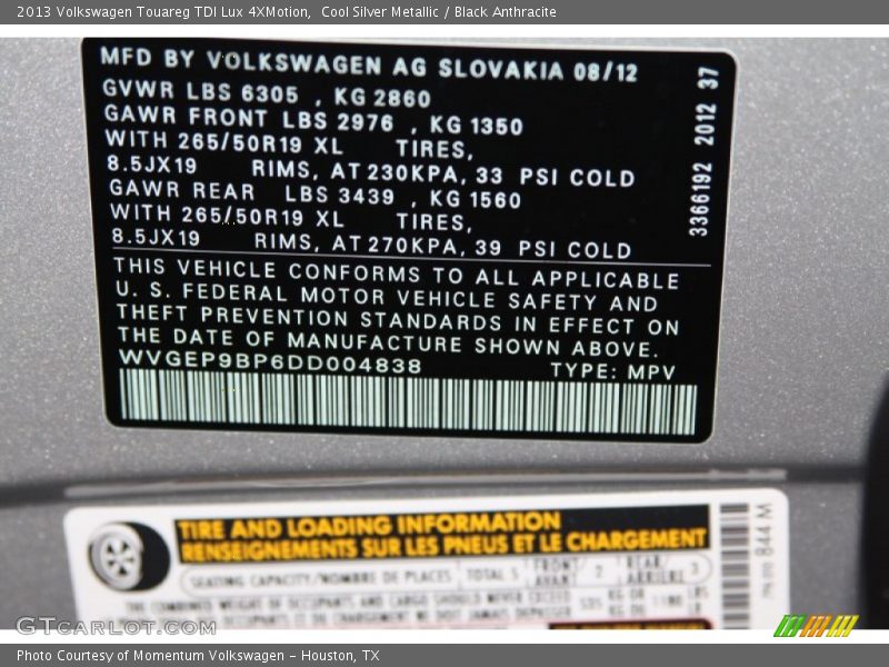 Cool Silver Metallic / Black Anthracite 2013 Volkswagen Touareg TDI Lux 4XMotion