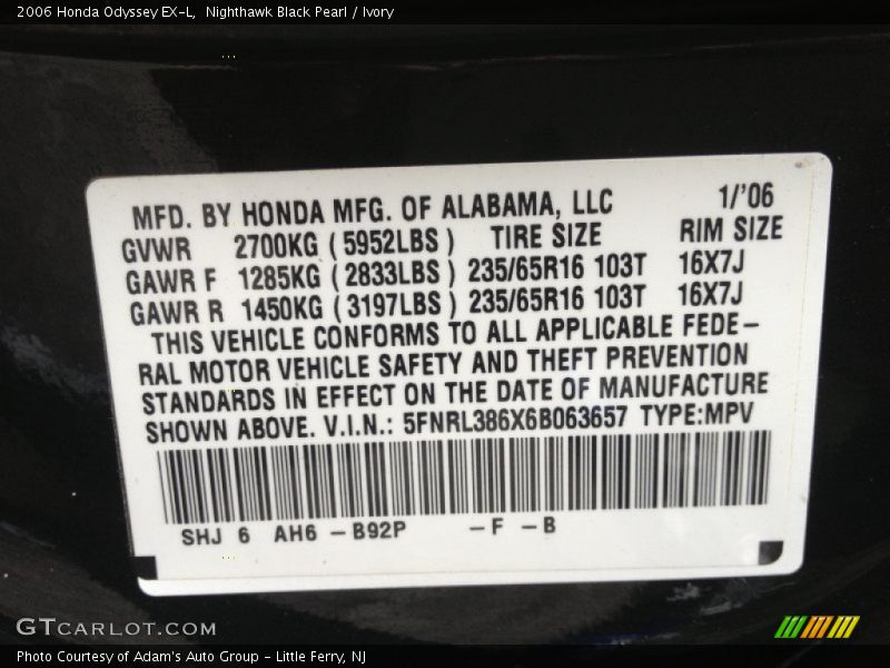Nighthawk Black Pearl / Ivory 2006 Honda Odyssey EX-L