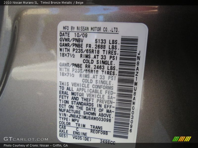 Tinted Bronze Metallic / Beige 2010 Nissan Murano SL