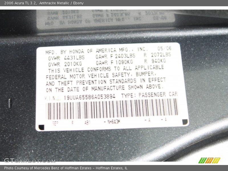 Anthracite Metallic / Ebony 2006 Acura TL 3.2