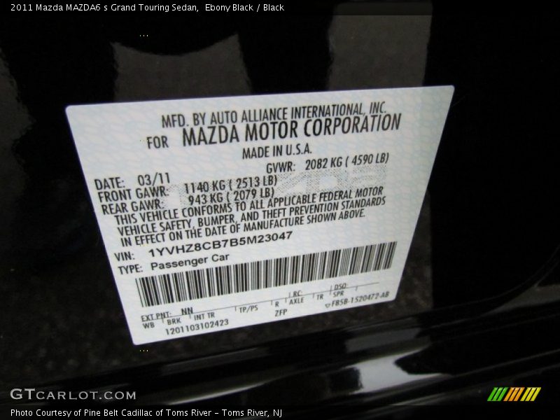 2011 MAZDA6 s Grand Touring Sedan Ebony Black Color Code NN