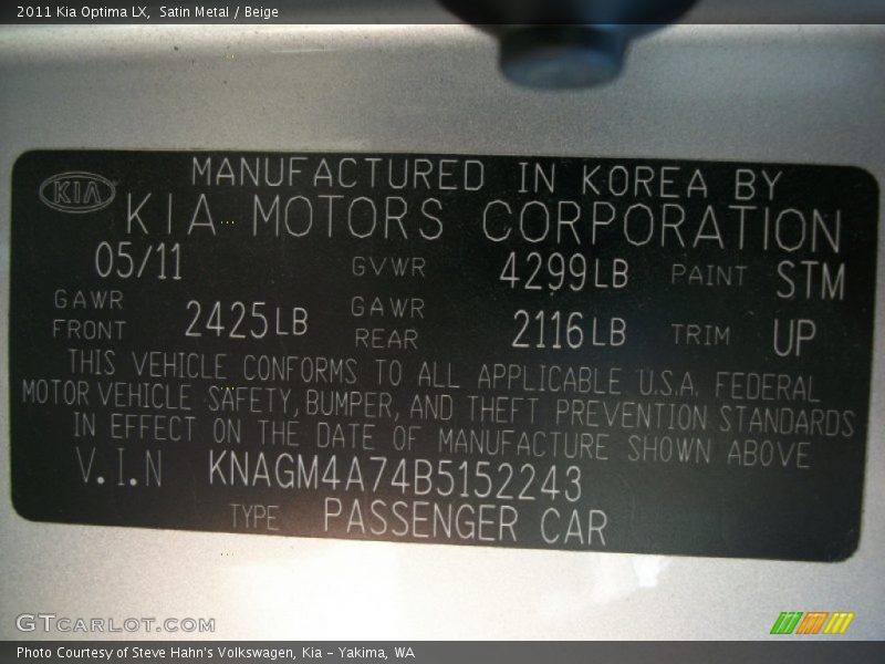 2011 Optima LX Satin Metal Color Code STM