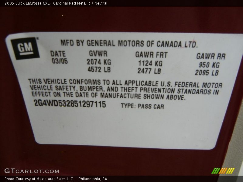 Info Tag of 2005 LaCrosse CXL