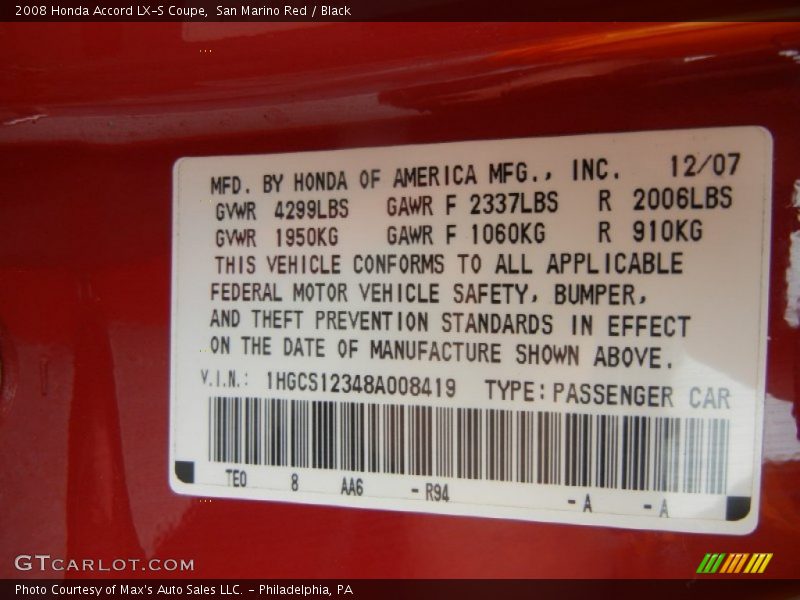 San Marino Red / Black 2008 Honda Accord LX-S Coupe