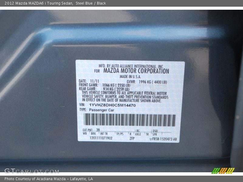 2012 MAZDA6 i Touring Sedan Steel Blue Color Code 39