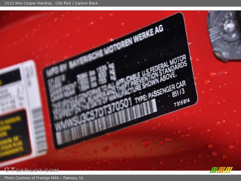 2013 Cooper Hardtop Chili Red Color Code 851