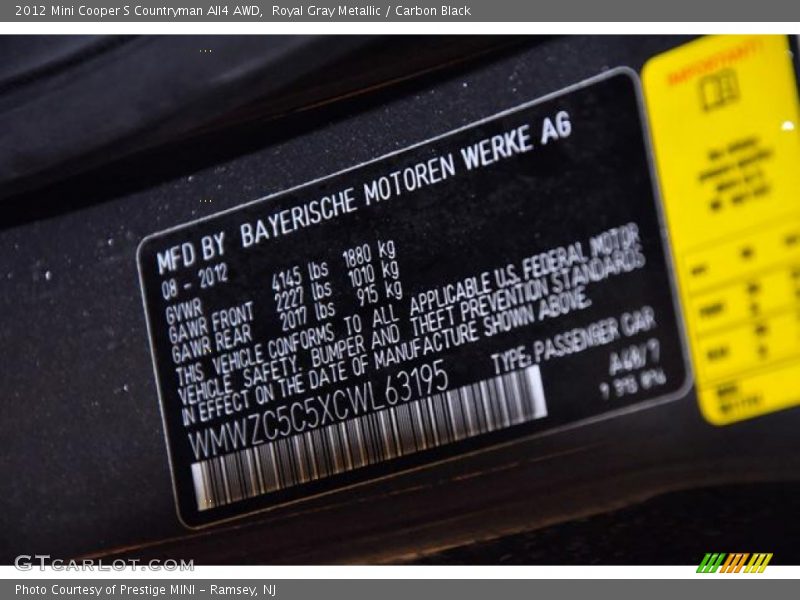 Royal Gray Metallic / Carbon Black 2012 Mini Cooper S Countryman All4 AWD